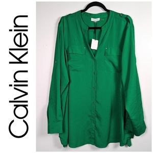 Calvin Klein Button Front, Size 2X, Roll Tab Sleeves, Emerald Green